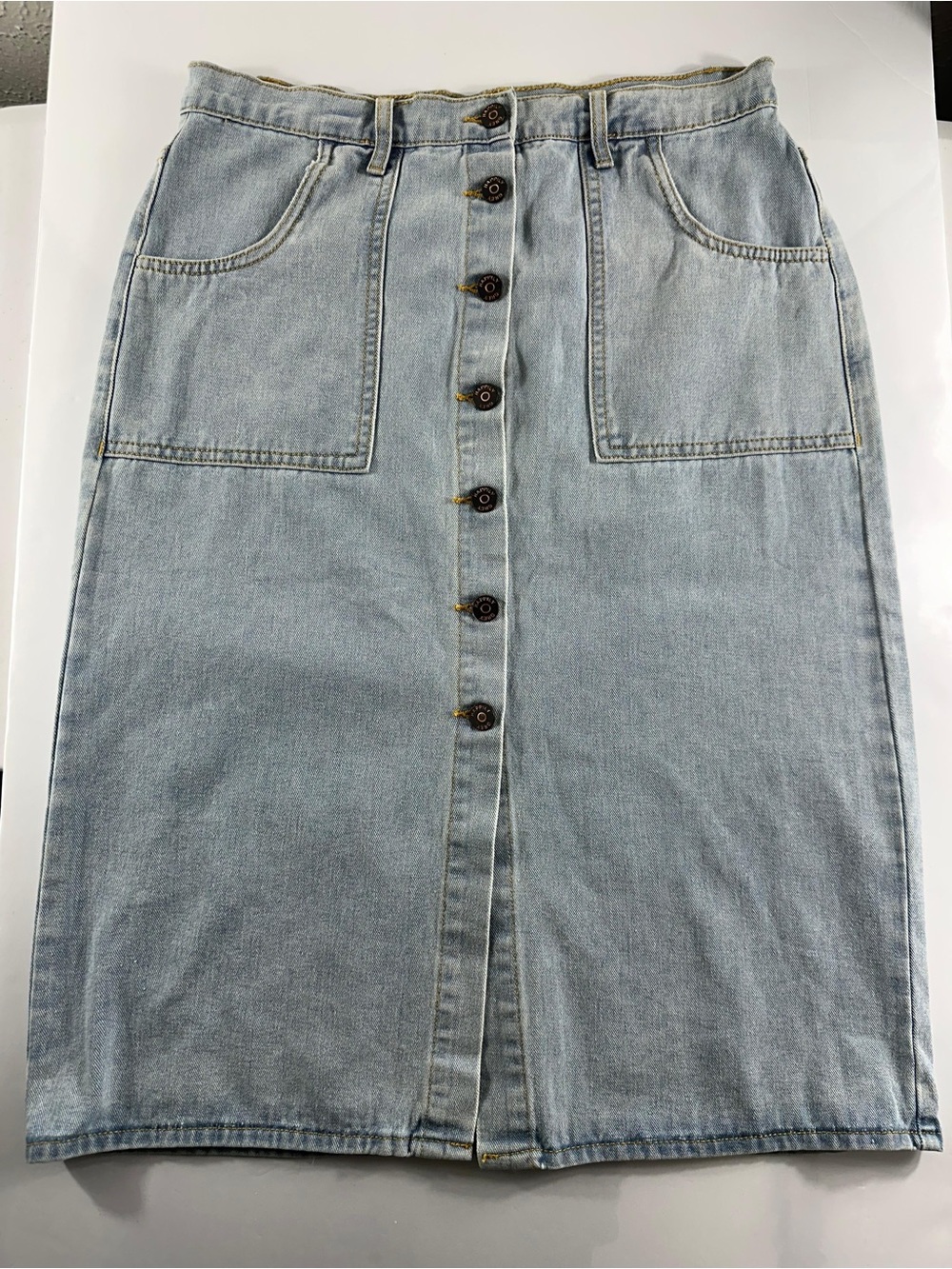 Light Wash Jean Midi Skirt Women’s Size 11/29 Button Front Happily Grey